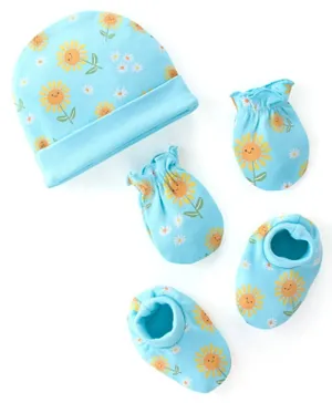 Babyhug 100% Cotton Cap Mittens & Booties Floral Print Blue- Diameter 10 cm
