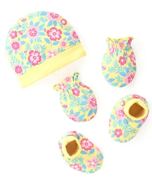 Babyhug 100% Cotton Cap Mittens & Booties Floral Print- Yellow