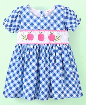 Babyhug Rayon Woven Half Sleeves Checked Frock With Embroidery Detailing- Blue