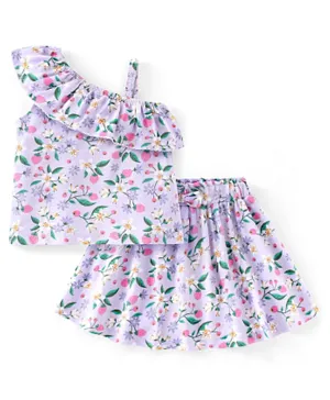 Babyhug 100% Cotton Sleeveless One Shoulder Frill Top & Skirt Floral Print - Lilac