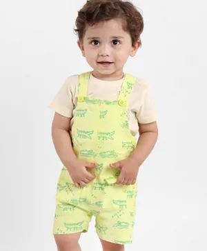 Babyoye 100% Cotton Half Sleeves Tee & Dungaree Set With Crocodile Print - Yellow & Green