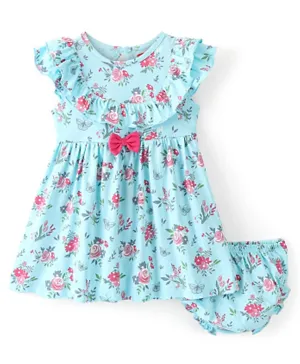 Babyhug 100% Cotton Knit Sleeveless Frock & Bloomer With Floral Print - Blue