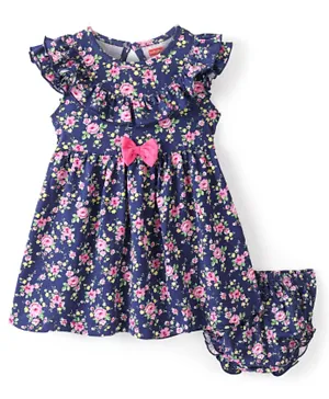 Babyhug 100% Cotton Knit Sleeveless Frock & Bloomer With Floral Print - Navy Blue