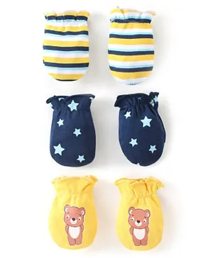 Babyhug 100% Cotton Knit Stars & Teddy Printed Mittens Pack of 3 - Yellow & Blue