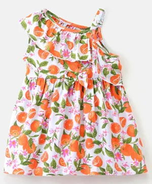 Babyhug 100% Cotton Knit One Shoulder Sleeve Frock With Orange Print - Green & Orange