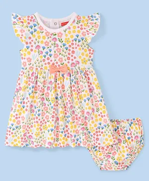 Babyhug 100% Cotton Knit Half Sleeves Floral Printed Frocks with  Bloomer - White