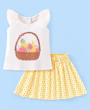 Babyhug 100% Cotton Knit Cap Sleeves Top & Skirt Set with Bow Applique Fruit Basket Print - White & Yellow