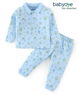 Babyoye 100% Cotton with Eco Jiva Finish Full Sleeves Night Suit Dolphins Print - Blue