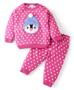 Babyhug Knitted Full Sleeves Sweater Set Penguin Design- Pink