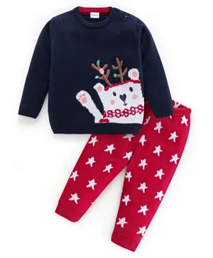 Babyhug 100% Acrylic Knit Full Sleeves Sweater Set Star Design - Red & Navy Blue