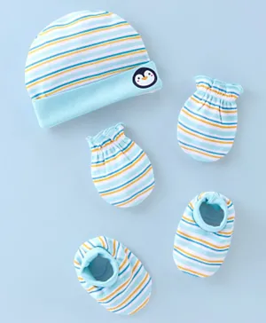 Babyhug 100% Cotton Cap Mittens & Booties Penguin Print- Blue
