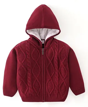 Babyhug Acrylic Full Sleeves Hooded Sweater with Cable Knit Design - Maroon