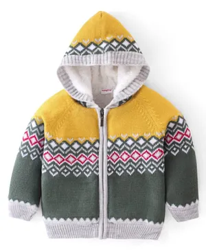 Babyhug 100% Acrylic Knit Full Sleeves Hooded Sweater Argyle Design - Yellow & Olive Green