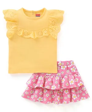 Babyhug 100% Cotton Knit Half Sleeves Top & Skirt Set Floral Print - Yellow & Pink