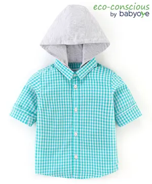 Babyoye 100% Cotton Full Sleeves   Check Shirt With Detachable Hood - Green & White