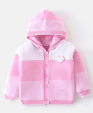 Babyhug Acrylic Knit Full Sleeves Hooded Sweater Striped Design - Light Pink
