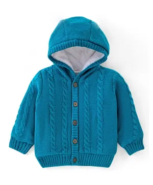Babyhug 100% Acrylic Knit Full Sleeves Front Open Hooded Sweater with Cable Knit Design - Blue