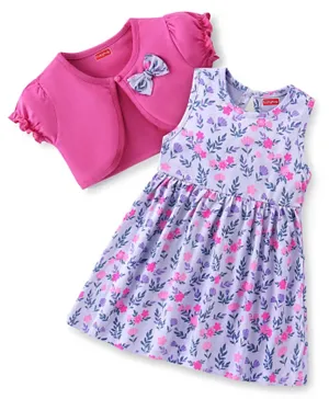 Babyhug 100% Cotton Knit Floral Printed Frock with Short Sleeves Bow Appliqued Shrug - Light Pink & Purple