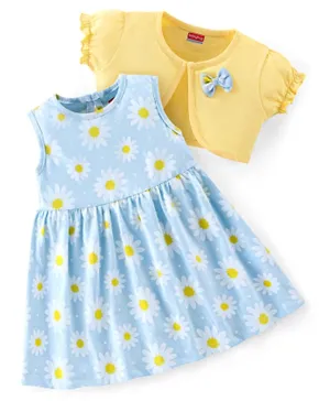 Babyhug 100% Cotton Floral Print Frock with Half Sleeves Shrug with Bow Applique - Blue