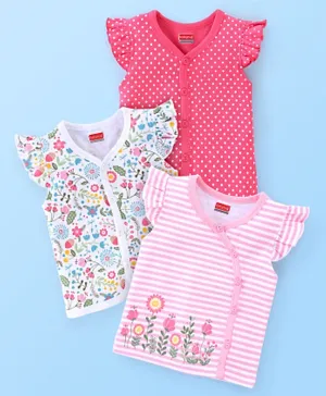 Babyhug 100% Cotton Half Sleeves Vest Striped & Floral Print Pack Of 3 - Pink & White