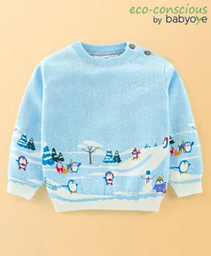 Babyoye 100% Cotton Solid Dyed Full Sleeves Penguin Print Pullover - Blue