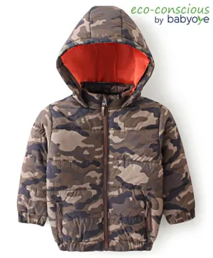 Babyoye Quilted Full Sleeves Hooded Jacket Camouflage Print - Brown
