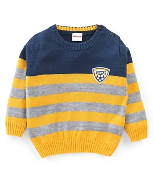 Babyhug 100% Acrylic Knit Full Sleeves Sweater With Striped & Soccer Badge - Blue & Yellow