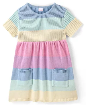 Babyhug Half Sleeves Striped Woollen Dress Cable Knit Design- Blue Pink & Yellow