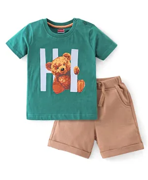 Babyhug 100% Cotton Jersey Half Sleeves T-Shirt & Shorts Set Teddy Print - Green & Brown