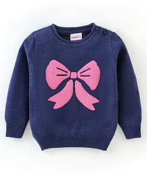 Babyhug Knit Full Sleeves Sweater Bow Design- Navy Blue & Pink