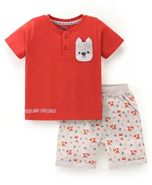 Babyhug Cotton Knit Half Sleeves T-Shirt and Shorts Set Fox Print & Patch - Orange & Cream