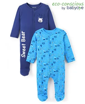 Babyoye 100%  Organic Cotton with Eco-Jiva Finish Full Sleeves Sleep Suits Animals Print Pack of 2 - Blue