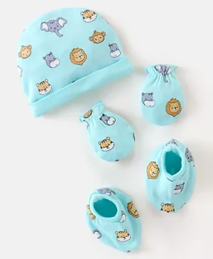 Babyhug 100% Cotton Knit Cap Mitten & Booties Set Lion Print Blue - Diameter 9 cm
