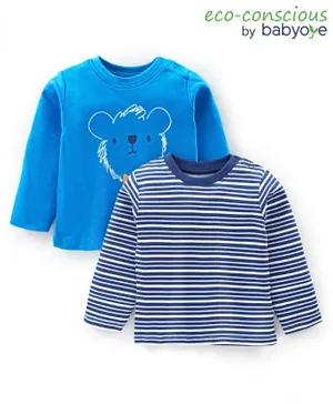 بيبي اوي قمصان بأكمام طويلة من القطن العضوي 100% بطبعة خطوط ودببة معالجة إيكو جيفا - عبوة من قطعتين باللونين الأزرق والأبيض