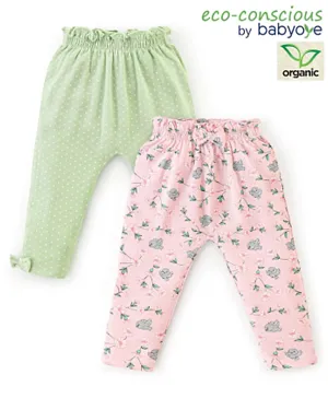 Babyoye Eco Conscious 100% Cotton Full Length Diaper Legging With Floral & Polka Dots Print - Green & Pink