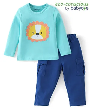 Babyoye  100% Cotton with Eco-Jiva Finish Full Sleeves Lion Printed T-Shirt & Trousers Set - Blue