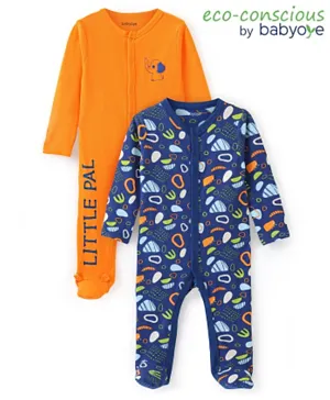 بيبي اوي - بدلة نوم بأكمام كاملة صديقة للبيئة مع طباعة أشكال، قطعتين - برتقالي وأزرق