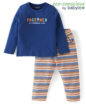 Babyoye  100% Cotton with Eco-Jiva Finish Full Sleeves Text Printed T-Shirt with Striped Lounge Pant - Blue
