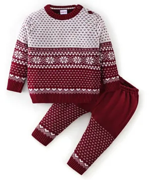 Babyhug 100% Acrylic Knit Full Sleeves Sweater Set Damask Design - Maroon