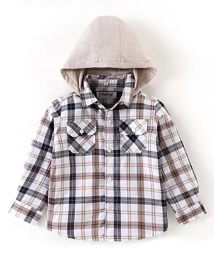 Babyhug 100% Cotton Full Sleeves Checks Two Pocket Shirt with Detachable Hood - White