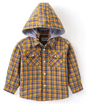 Babyhug 100% Cotton Full Sleeves Checks Hooded Shirt - Yellow