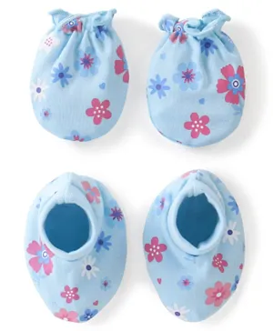 Babyhug 100% Cotton Knit Mittens & Booties Floral Print - Blue