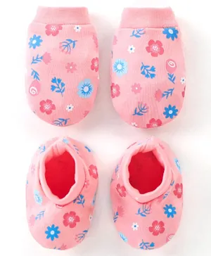 Babyhug 100% Cotton Knit Floral Print Mittens & Booties - Pink