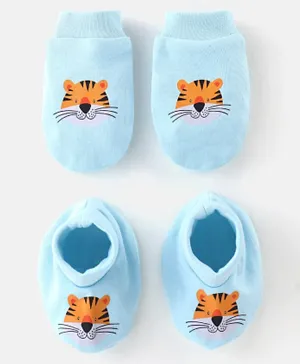 Babyhug Cotton Knit Mittens & Booties Set  Tiger Print - Blue
