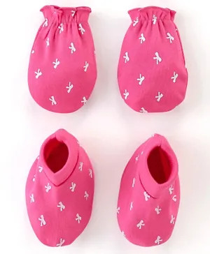 Babyhug 100% Cotton Knit Bow Print Mittens & Booties - Pink