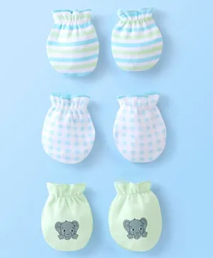 Babyhug 100% Cotton Knit Mittens Set Pack of 3 Striped & Elephant Print - Blue & White