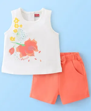 Babyhug 100% Cotton Sleeveless Top & Shorts Set Floral Print - White & Peach