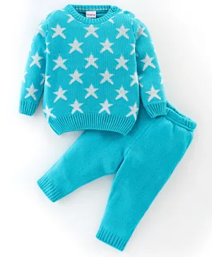 Babyhug Acrylic Knit Full Sleeves Star Print Baby Sweater Sets - Blue