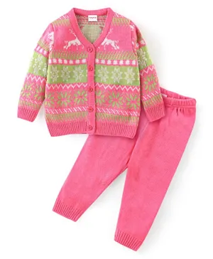 Babyhug Acrylic Knit Full Sleeves Sweater Set With Floral Design -Pink