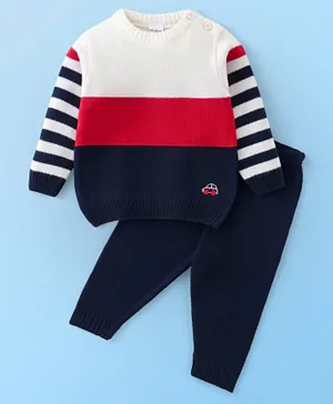 Babyhug Acrylic Full Sleeves Sweater Set With Colour Block Print & Car Embroidery - White Blue & Red
